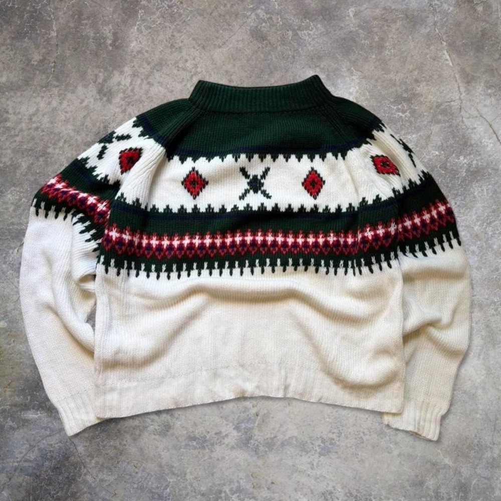 Vintage 80s Nordic‎ Fair Isle Ski Sweater White Green Red Mens Size L
